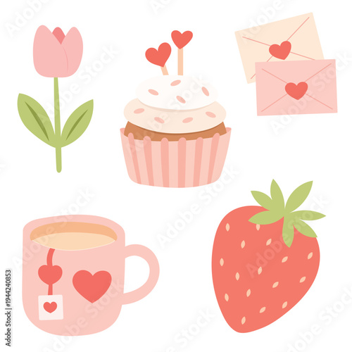 Romantic love set with sweet cupcake, fresh strawberry, tulip flower and heart envelope
