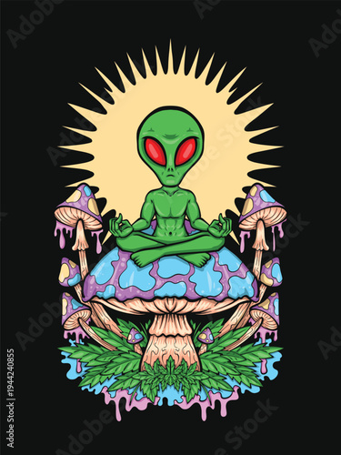 Meditating Alien Sitting on Psychedelic Mushrooms Vector Illustration