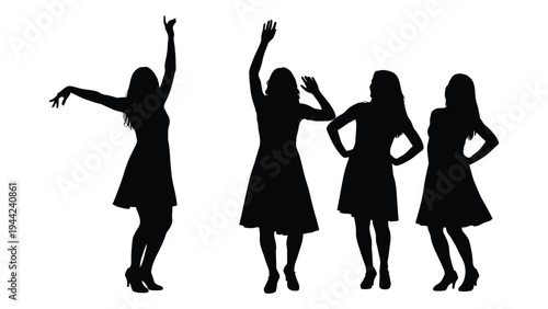Four women in different poses silhouette illustration for dance or fashion design concepts