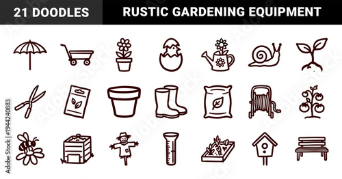 Gardening and backyard hobby elements for organic brand identity. Rustic, naive marker sketch illustrations featuring horticulture concepts.