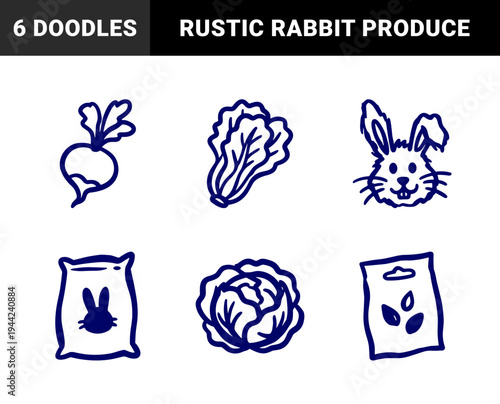 Hand-drawn rabbit and garden vegetable elements for organic farming brand identity. Rustic, naive marker sketch illustrations featuring bunny and lettuce.