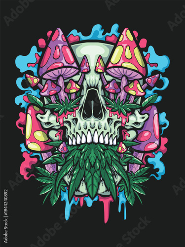 Colorful Psychedelic Skull with Fantasy Mushrooms Drip Style Vector Illustration