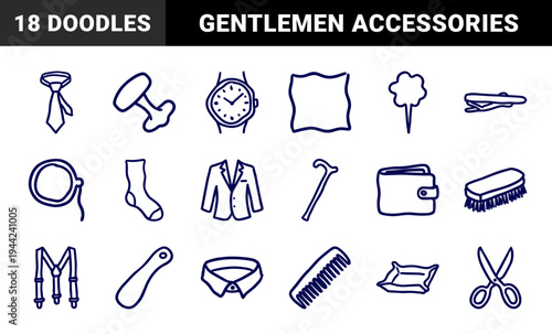 Classic gentlemen accessories and grooming essentials in a naive doodle style. Hand-drawn marker sketch featuring vintage haberdashery and barbering elements.