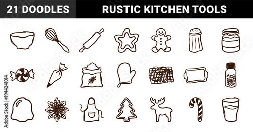 Hand-drawn Christmas baking and holiday kitchen elements for festive branding. Rustic, naive marker sketch illustrations featuring cookies and utensils.