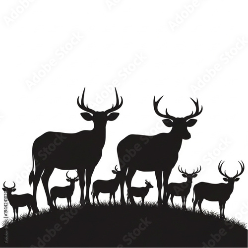 Herd of Deer Silhouettes on Hill.
