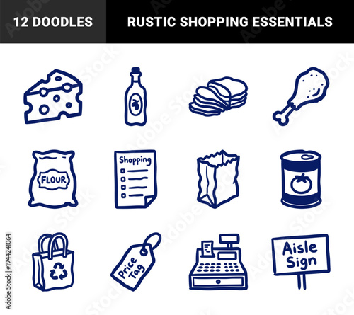 Hand-drawn grocery and supermarket elements for organic retail branding. Rustic, naive marker sketch illustrations of food and shopping essentials.