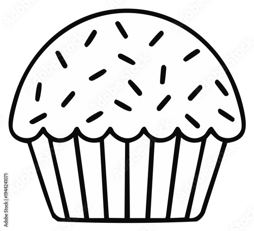 Black and white line art drawing of a cupcake with sprinkles and frosting a sweet dessert treat graphic