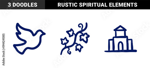 Hand-drawn peace and nature elements in a naive blue marker style. Rustic doodle illustrations featuring a flying dove, ivy branch, and a simple church building.