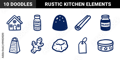 Hand-drawn gingerbread baking and holiday kitchen elements for festive brand identity. Naive marker sketch illustrations featuring cookie ingredients and tools.