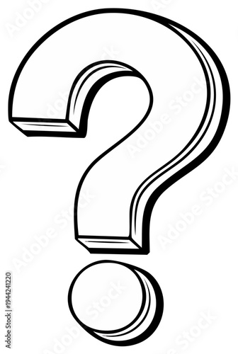 Black and white illustration of a large question mark with a three dimensional perspective.