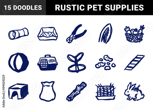 Hand-drawn rabbit care and pet supply elements for organic veterinary branding. Rustic, naive marker sketch illustrations of bunny lifestyle essentials.