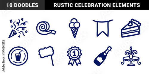 Hand-drawn celebration and party elements for festive brand identity. Naive marker sketch illustrations featuring birthday cake, champagne, and awards.