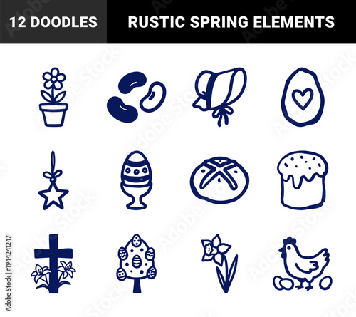 Hand-drawn Easter and spring holiday symbols in a naive doodle style. Rustic marker sketch illustrations featuring festive religious and seasonal elements.