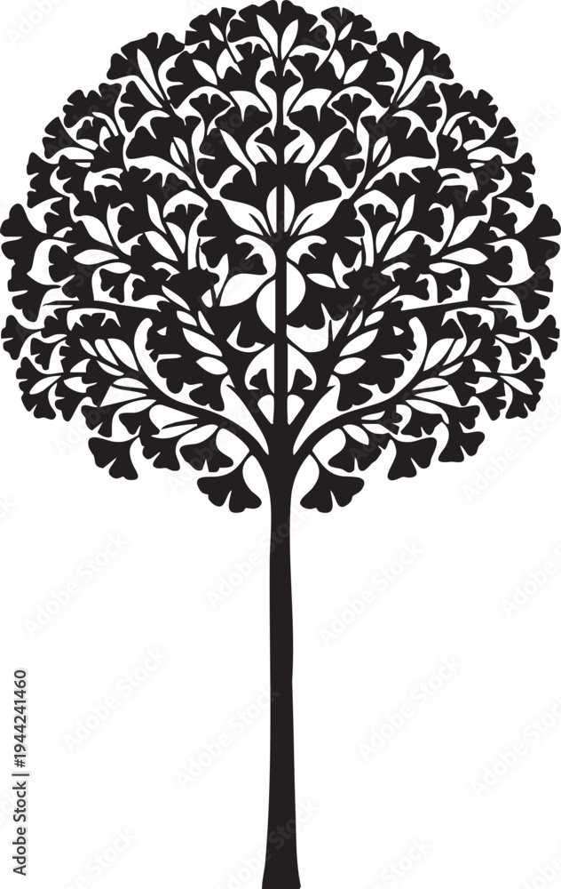 Obraz premium Slender Ginkgo Biloba Tree Silhouettes with Fan Leaf Clusters and Upright Canopy