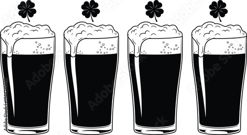 Silhouette, pint glasses of dark beer with foam and shamrock clover, St Patrick celebration drink illustration concept