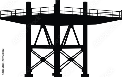 Silhouette, offshore oil platform structure, industrial drilling rig at sea, petroleum industry infrastructure, energy production engineering concept