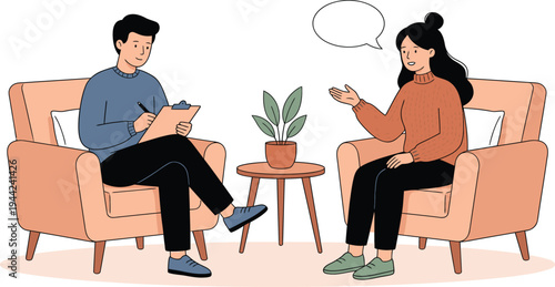 Psychologist and patient in consultation, therapy session vector illustration, flat design