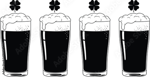 Silhouette, pint glasses of dark stout beer with foam and shamrock clover, Irish pub drink, St Patrick celebration concept