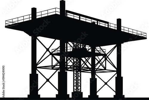 Silhouette, offshore oil drilling platform structure, industrial petroleum rig at sea, energy production infrastructure, engineering industry concept