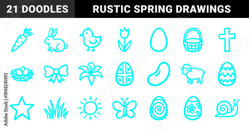 Easter holiday and spring garden elements for organic branding identity. Rustic, naive marker sketch illustrations featuring seasonal celebration concepts.