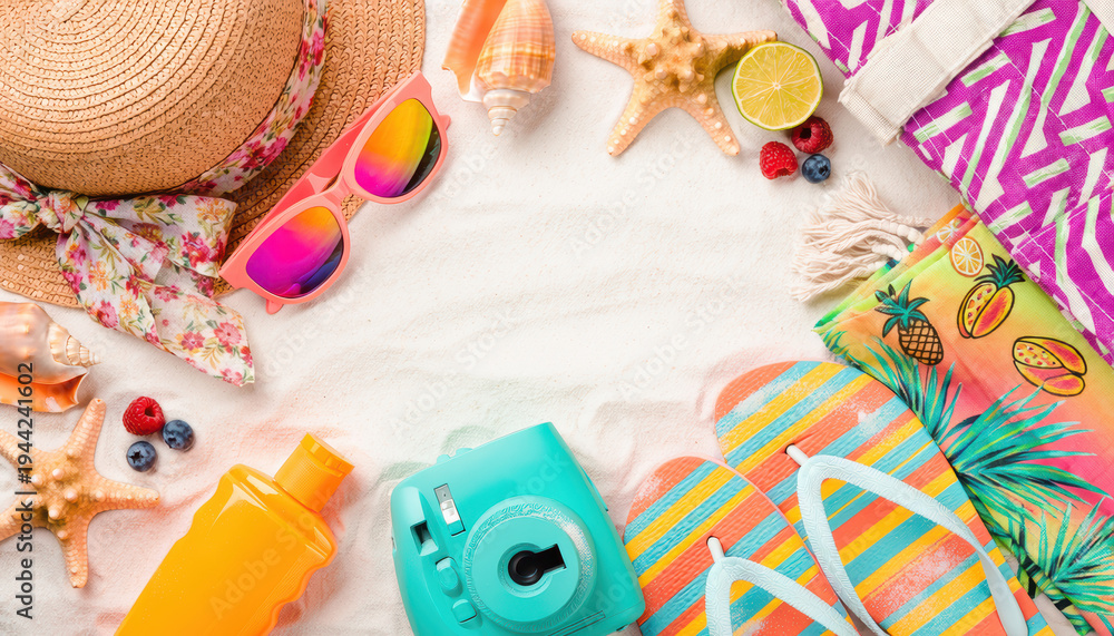 Obraz premium Composizione estiva di accessori da spiaggia sulla sabbia bianca. Generative AI 