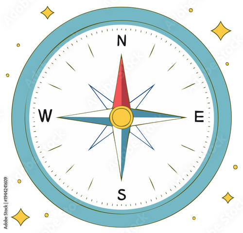 Stylized compass illustration indicating directions with North, East, South, and West navigation assistance