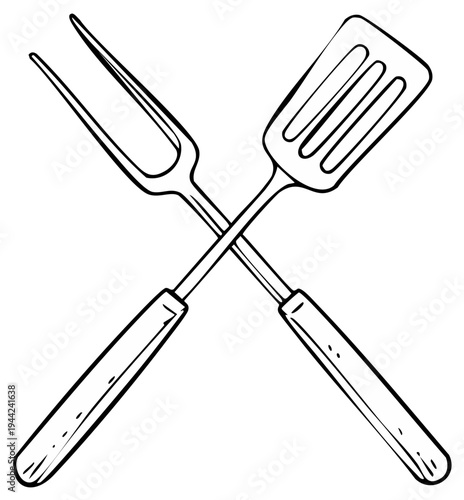 Crossed grilling fork and spatula illustration.