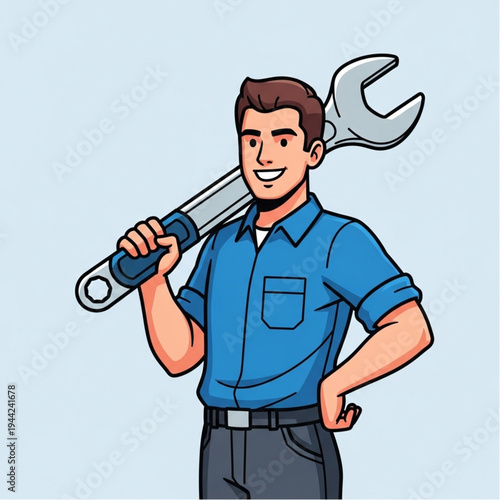 Handyman Holding Spanner and Screwdriver Tools.