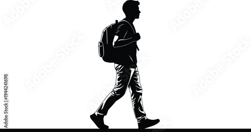 Student walking with backpack silhouette, young traveler or college boy going forward, education lifestyle journey vector illustration isolated