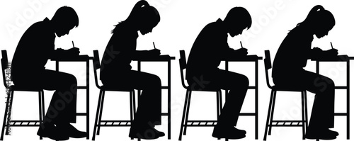 Students writing exam in classroom silhouette, school test assessment concept, studying education learning, student sitting desk writing illustration