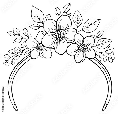 Elegant floral tiara with blooming flowers and leaves
