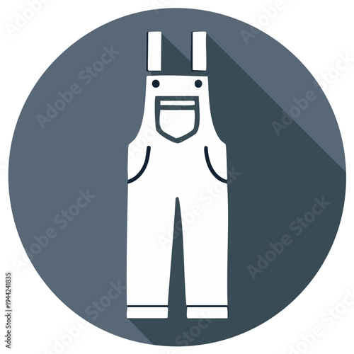 Workwear bib overalls flat design vector icon with a long shadow. White dungarees clothing symbol.