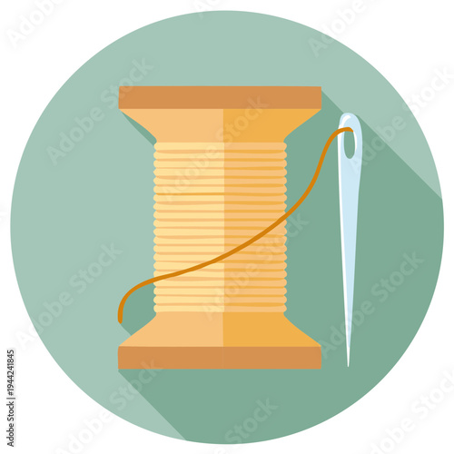 Iconic spool of thread with a needle illustration, sewing tools, flat design style