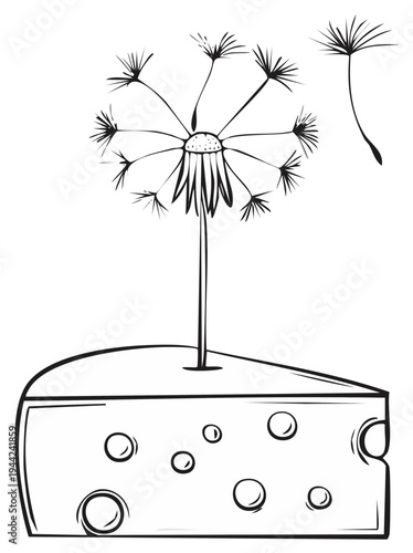 Whimsical black and white drawing of a dandelion puffball on a cheese wedge