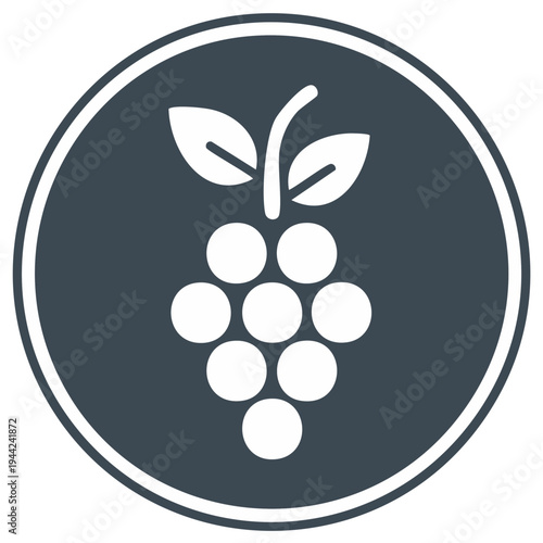 Vector icon of a bunch of grapes with leaves in a circle, flat design symbol for wine or food