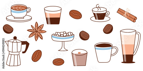 Coffee set with moka pot, espresso cup, bean and cinnamon stick