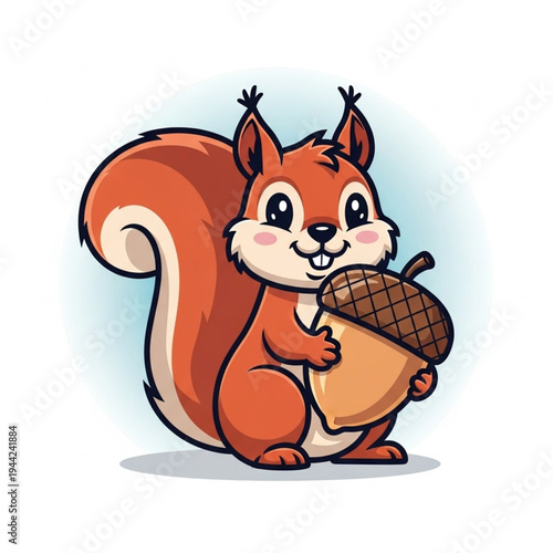 Cartoon Squirrel Holding Acorn Nut.