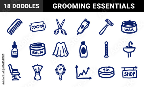 Barber shop and male grooming elements for vintage branding. Rustic hand-drawn marker sketch illustrations featuring haircut and shaving tools.