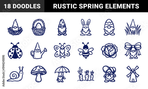 Hand-drawn garden gnome and spring nature elements for rustic brand identity. Naive marker sketch illustrations featuring Easter bunny, bees, and botanical motifs.