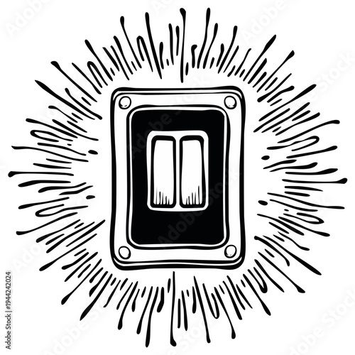 Hand Drawn Toggle Switch Radiating Light Black and White Illustration