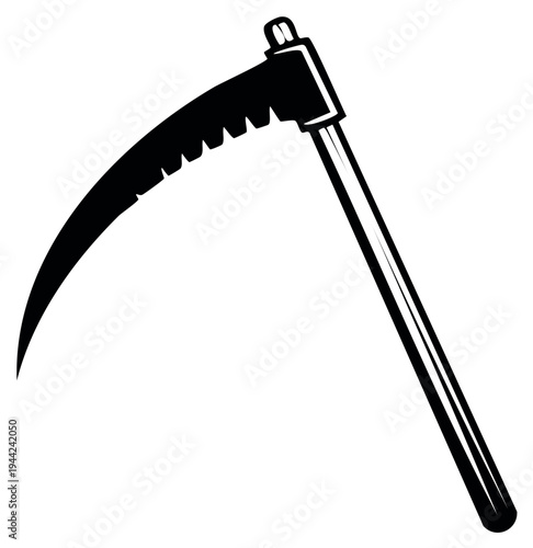 Stylized black and white scythe vector illustration, a symbol of death the Grim Reaper and Halloween