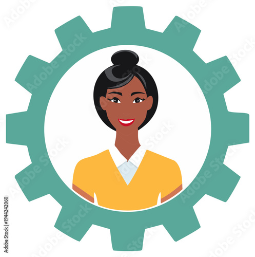 Woman's face within a teal gear symbol representing industry and female contribution