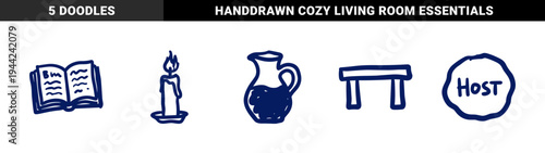 Hand-drawn hospitality and home elements for organic brand identity. Rustic, naive marker sketch illustrations featuring candle, pitcher, and book.