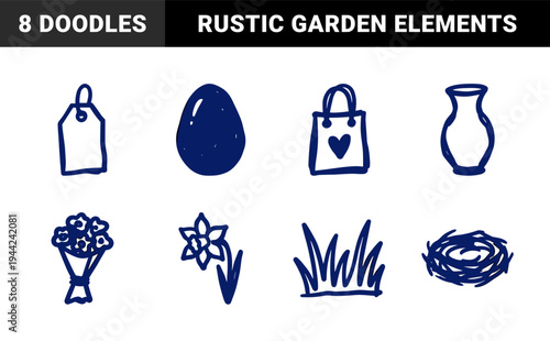 Hand-drawn spring and easter garden elements for organic branding. Naive marker sketch featuring flower, egg, and nest concepts.