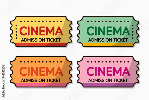 Vintage inspired movie tickets displaying cinema admission and screen elements in colors