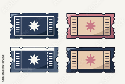 Stylish cinema admission tickets with colorful layouts and creative film related graphics