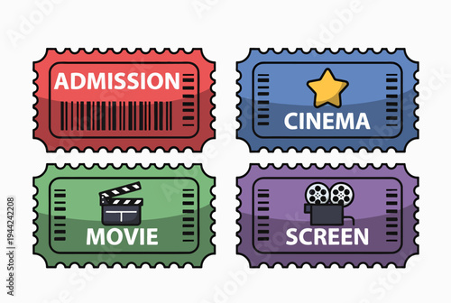 Four vibrant movie tickets representing admission cinema movie and screen experiences visually