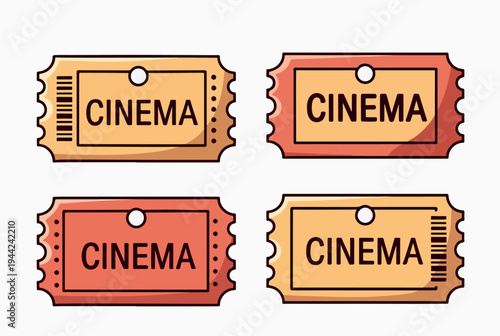 Bright ticket designs featuring cinema themes with film reels and clapperboards illustrated