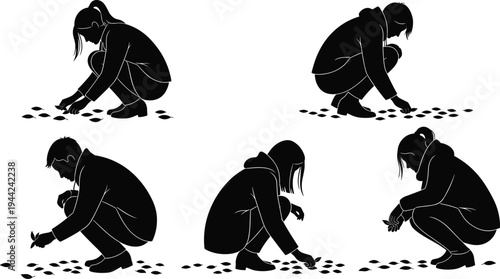 Woman planting seeds silhouette set, gardening activity illustration, female gardener planting plants, agriculture concept, nature care, eco lifestyle, vector collection