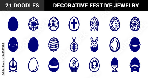 Ornate Easter eggs and decorative Fabergé style jewelry assets for festive branding. Hand-drawn blue ink doodles featuring royal egg ornaments.